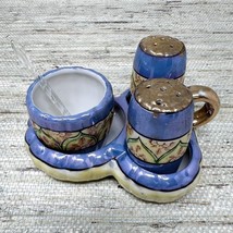 VTG Blue Lusterware Porcelain Condiment Set: Salt Pepper Mustard Pot Spoon Caddy - £13.92 GBP