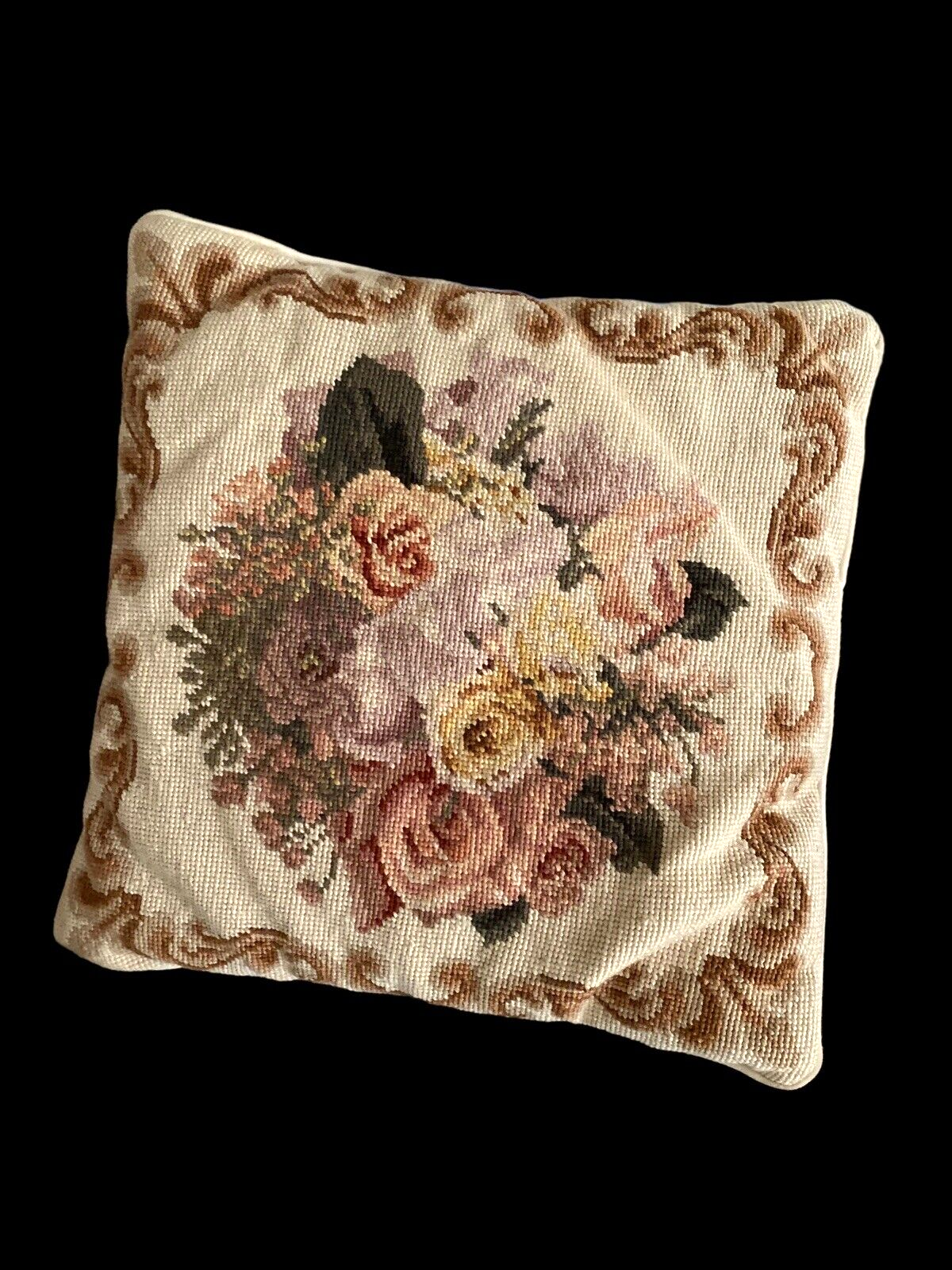 Primary image for Vtg Pillow Needlepoint Tapestry Floral Flowers Romantic English Country 15"x15"