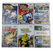 Wii 6 Game Lot Rayman Raving Rabbids Wii Play Shrek Sega Bass Fishing Racquet - £27.23 GBP