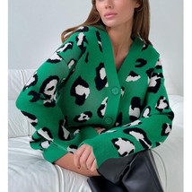 Winter Green  Print Cardigan Women with Buttons Oversize Jacket Loose Green Thic - £151.74 GBP