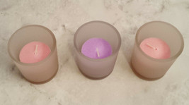 One Purple and Two Pink Scented Votive Candles With Candle Holders Set of 3 - £3.92 GBP