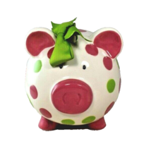 Burton + Burton Girls Pink and Green Polka Dot Piggy Bank with Bow Still Coin - £18.61 GBP