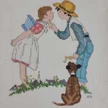 Dog Girl Boy Embroidery Finished Norman Rockwell Farmhouse Country Ameri... - $18.95