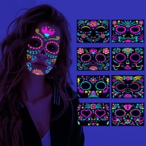 Glow Face Temporary Tattoos Stickers Sugar Skull Face Stickers Rave Festival Acc - £17.58 GBP
