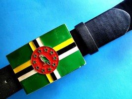 Dominica Flag Epoxy buckle &amp; Black Bonded leather Belt (30&quot;- 50&quot; Size) - $9.85