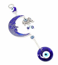 Turkish Blue Evil Eyes Moon &amp; Elephant Amulet Wall Hanging Decor. Blessing Gift - £20.08 GBP