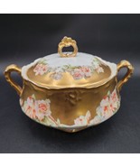 Antique Coiffe Limoges (pre-1915) Lidded Gold &amp; Floral 2 Handled Serving... - $98.99