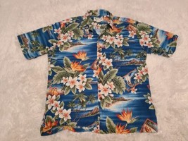 Howie Hawaiian Aloha Camp M Shirt Blue Floral Button Down Hula Luau Tiki VTG USA - £13.71 GBP