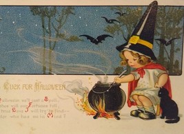 Halloween Fantasy Postcard Witch Girl Bats Cat Gottschalk Dreyfuss &amp; Davis 2696 - £86.32 GBP