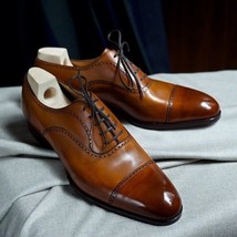 Handmade oxfords leathers shoes brown semi brogue toe cap lace up men shoes - $169.99+