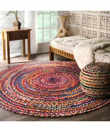 Hand Made Bohemian Braided Cotton Area Rug in Multi Color Chindi Round Rugs - £27.10 GBP