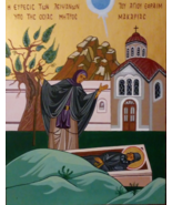 Orthodox icon of Nun Makaria finding the holy relic of St Ephraim in Nea Makri - $250.00 - $510.00