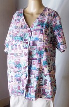 Women&#39;s Scrub Top Size S/M Button Front - Short Sleeves - Windows Print - £9.02 GBP