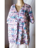 Women&#39;s Scrub Top Size S/M Button Front - Short Sleeves - Windows Print - £9.01 GBP