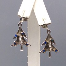 Vintage Christmas Tree Earrings, Silver Tone Dimensional Dangles with Blue Cryst - £39.69 GBP