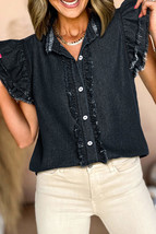 Black Button Front Ruffled Flutter Frayed Denim Top - £31.97 GBP