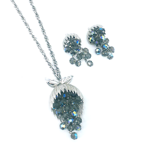 Silver Necklace With Beaded Pendant Earring Set Crystal Dangle Grapes Unique - £48.64 GBP