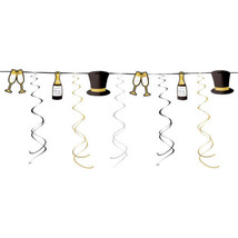 New Years Eve Garland Champage Top Hat Glasses Black Silver Gold Swirls - £6.66 GBP