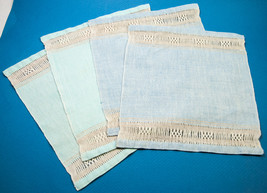 4 Vintage 8.5&quot; x 9&quot; Linen Napkins Pastel Blue Green Drawn Thread Work - £3.91 GBP