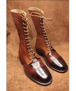 Handmade Men&#39;s Two Tone Genuine Brown Leather Military Boots Handcrafted... - $159.99+