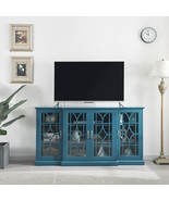 63” TV Stand, Storage Buffet Cabinet, Sideboard with Glass Door - Teal Blue - £311.41 GBP
