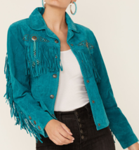 Women&#39;s Turquoise Blue Suede Western Cowgirl Style Leather Jacket with Fringe - £72.23 GBP+