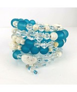 Blue Frosted Sea Glass Crystal Silver Tone Bead Stack Bracelet Wrap Hand... - £31.59 GBP
