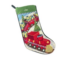 Lands End Needlepoint Christmas Stocking Red Train Monogrammed JON  20&quot; Long - $48.28