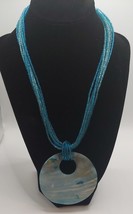 JEWELRY Vtg Turquiose Necklace Iridescent Shell Pendant With Small Beaded  18&quot; - £17.12 GBP