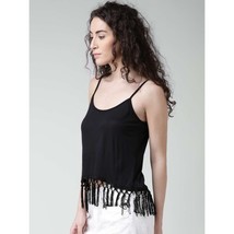 Forever 21 Sz L Black Spaghetti Strap Tank Top Pullover Stretch Fringe Hem - $274.93 MXN