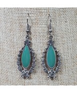 Vintage Tribal Southwestern Earrings Green w/ Silver Tone 2.25 Inch Dang... - $14.50