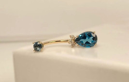 2CT Pear Lab Created London Blue Topaz Halo Belly Ring 14K Gold Plated Silver - £64.73 GBP