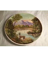 Vintage Plate Hand Painted Deer Scene Purple Mountains Ceramic Plate 9-1/4&quot; - £11.54 GBP