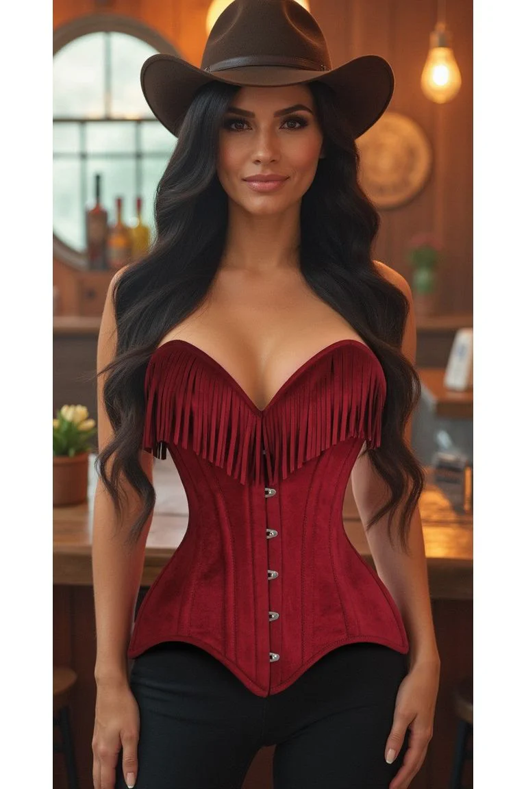Western Style Suede Corset ~Top Drawer Red Steel Boned Overbust Corset w... - $165.00