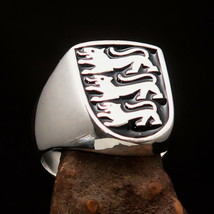Excellent crafted Men&#39;s Coat of Arms Shield Ring 3 black Lions - Sterling Silver - £83.16 GBP