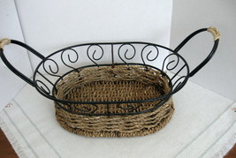 Vintage Black Metal Frame Oval Basket with Handles and Woven Wicker Bottom  - £11.99 GBP