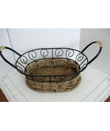 Vintage Black Metal Frame Oval Basket with Handles and Woven Wicker Bottom  - $15.00