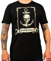Mens Annex Wood Cut Art Deadly Seas Sailor Pirate Skull Anchor Black T-shirt Tee - £18.38 GBP