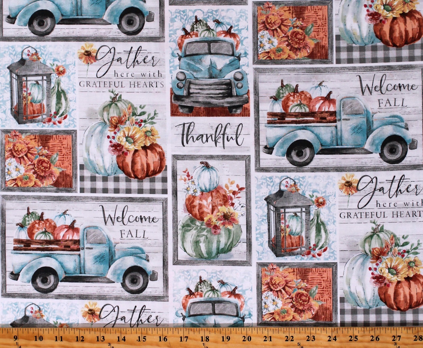 Cotton Happy Harvest Grateful Patch Pumpkins Trucks Fabric Print by Yard... - $10.95