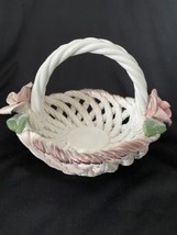 Ceramic Woven Basket with Roses - Vintage Handmade Porcelain Italian Art Pottery - £14.73 GBP