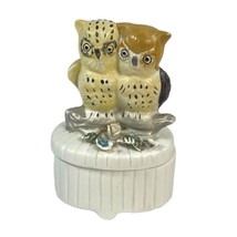 Vintage Owl Couple Ceramic Trinket Box Japan Ring Holder Dresser Box 4&quot; - $18.69