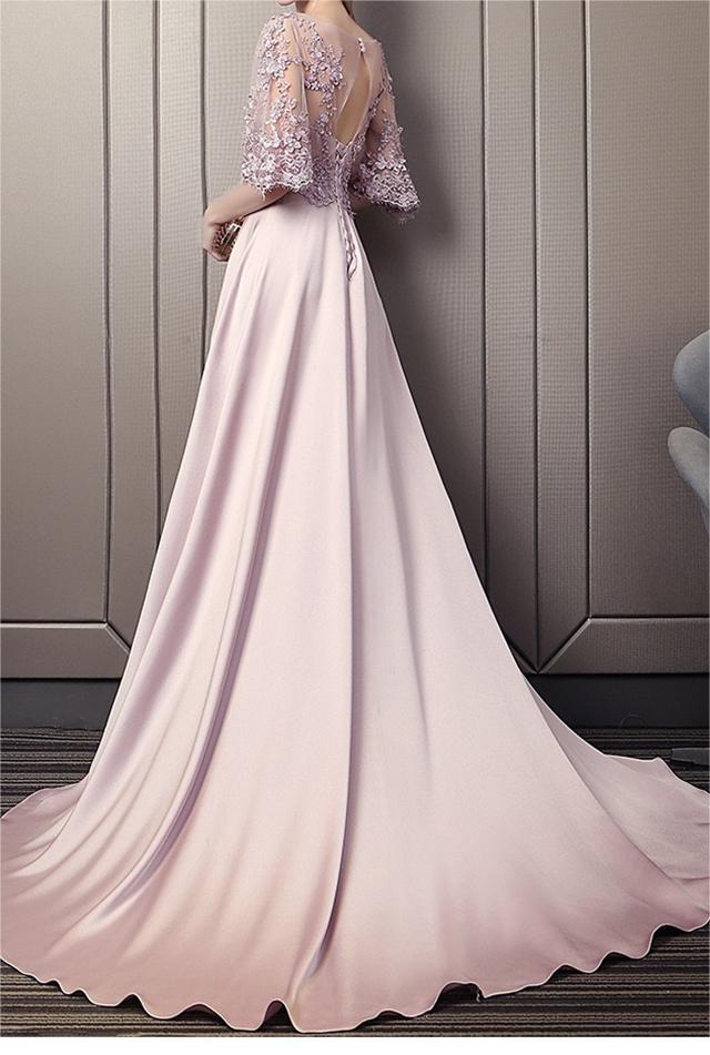 O-Neck half Sleeve Satin Lace Elegant Long Luxury Pale Mauve 2023 Evening Dress