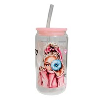Fashion Clear Glass Tumbler Cup 16 oz Pink UV DTF Design With Glass Straw - £15.90 GBP
