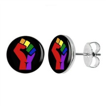 Raised Rainbow Fist Earrings 10mm Stainless Steel Stud Resist Resistance Lgbtq - £6.37 GBP