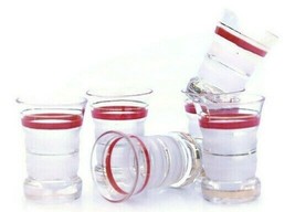 Red rimmed etched shot glasses set of 6 vintage vodka tequila liqueur gl... - £19.10 GBP