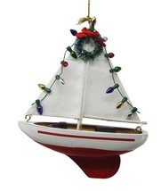 Hand Painted 5.5&quot; Wooden Sailboat w/ Decorations Nautical Coastal Xmas Ornament - £7.89 GBP