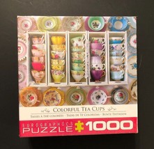 COLORFUL TEA CUPS 1000pc Jigsaw Puzzle Eurographics Alison Henley Vintage New - $26.94