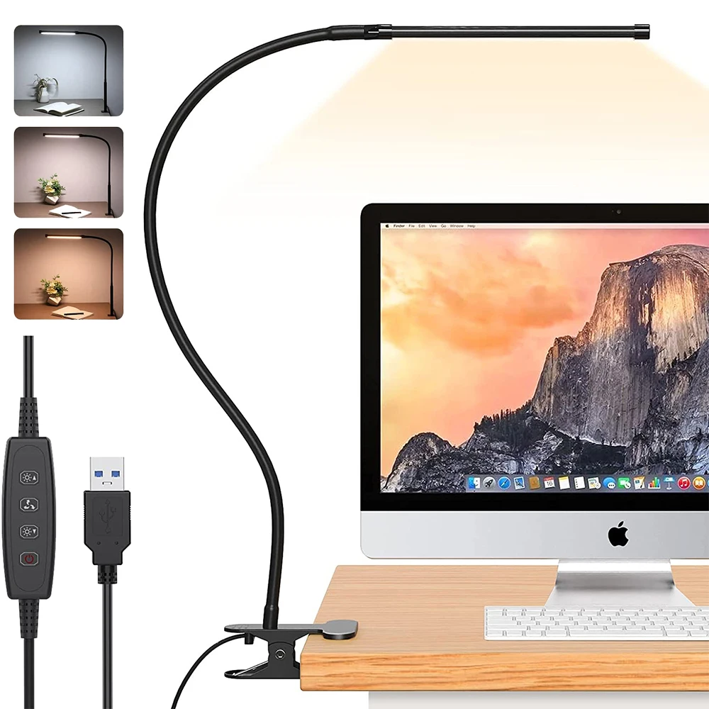 10W LED Desk Lamp with Clamp Dimmable Clip On Reading Light 10 Brightness Level - £10.55 GBP+