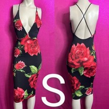 Classy Sexy Low Cut Black &amp; Red Rose Print Midi Bodycon Dress~Size S - £23.16 GBP