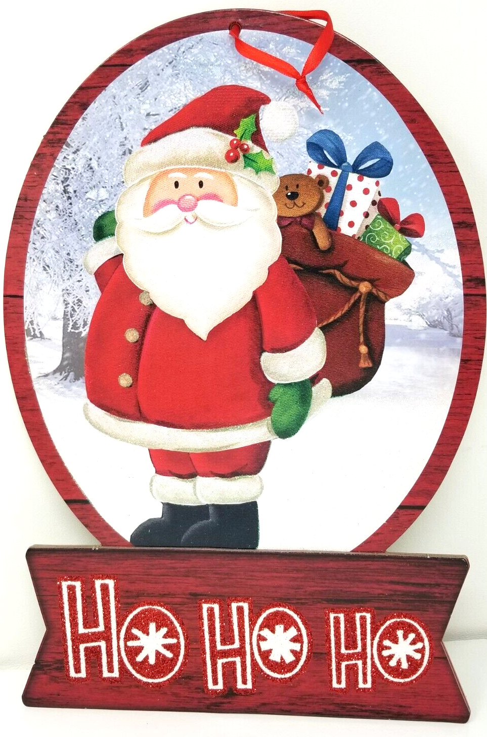Primary image for Ho Ho Ho Santa Sack Presents Hanging Christmas Decoration Glitter Vintage